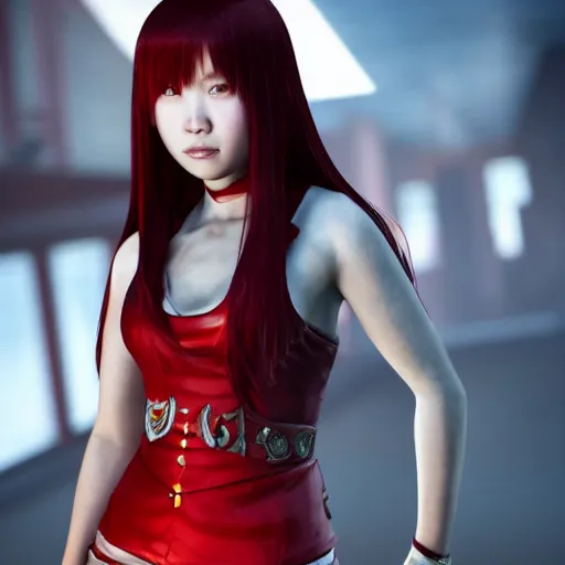 Image similar to half length portrait of a half - chinese teenage girl with short red hair and red outfit, still from arcane : league of legends 3 d by christopher c. lee