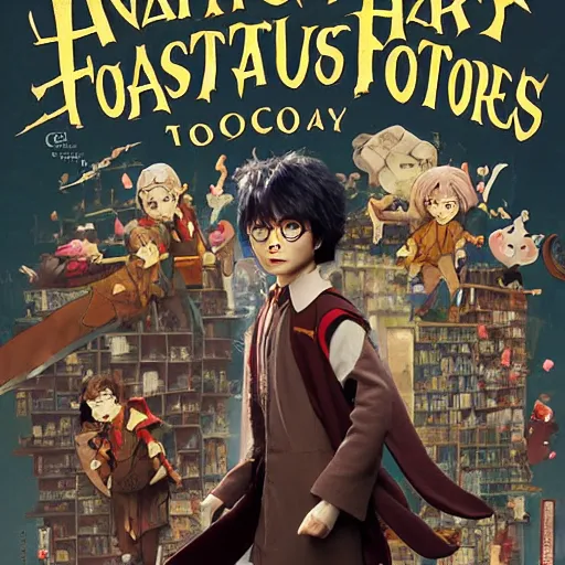 Image similar to poster for a film fantasy japanese animation called harry potter's fantastic chocolate factory, 8 k, hd, dustin nguyen, akihiko yoshida, greg tocchini, greg rutkowski, cliff chiang, award winning, awesome composition