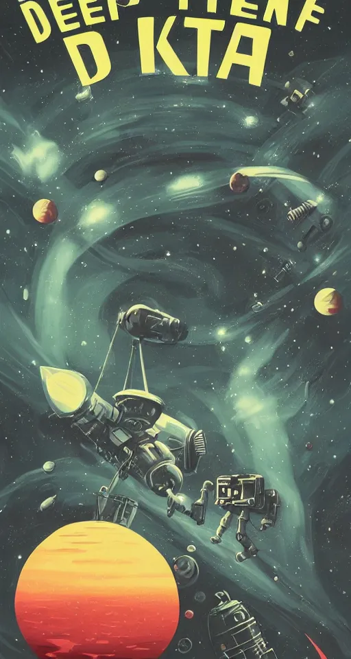 Image similar to retro dark vintage sci-fi, 2D matte gouache book cover illustration, deep space, sci-fi world