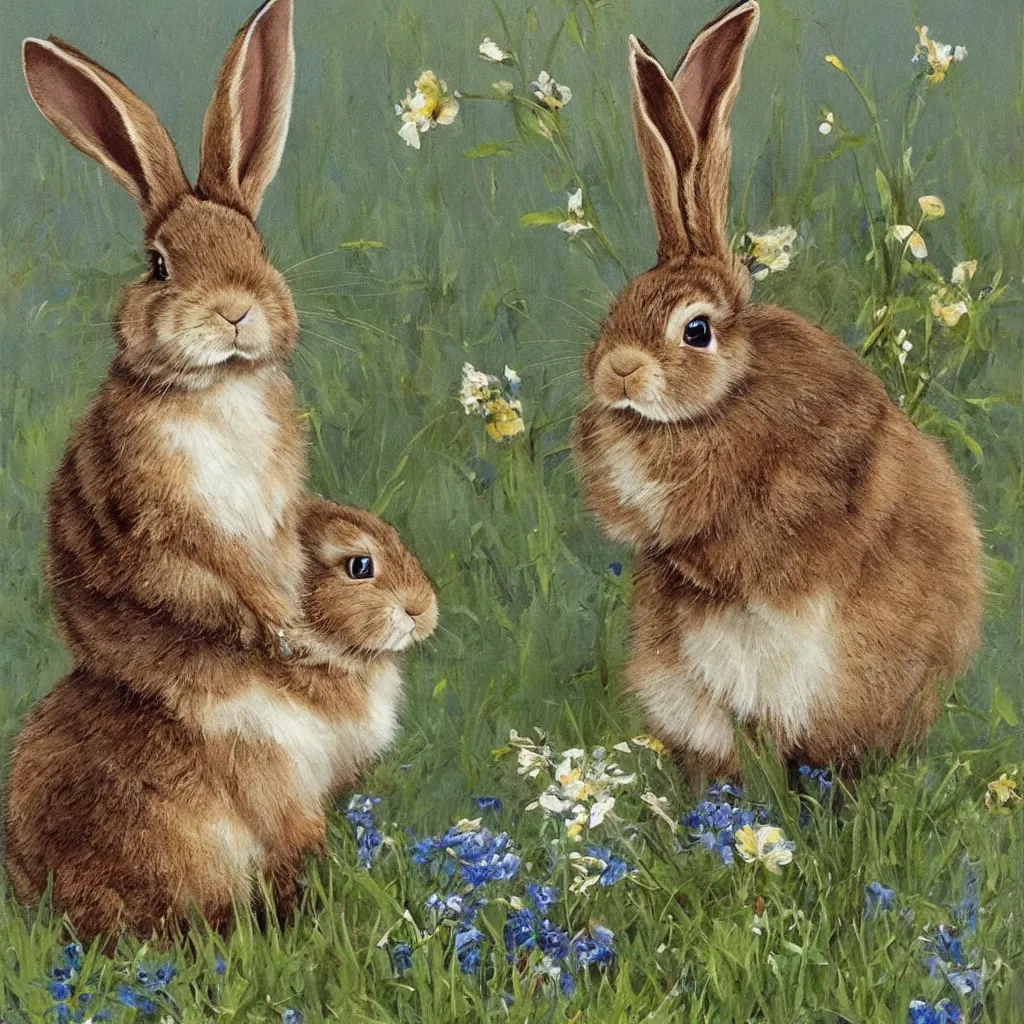 Image similar to The rabbit made out of metals in the picture looks cute and playful. It has big, fluffy ears and a long, furry tail. Its fur is a light brown color, and its eyes are a bright blue. The background of the picture is a gentle green, and there are flowers blooming around the rabbit. painted by Balaskas Christopher.