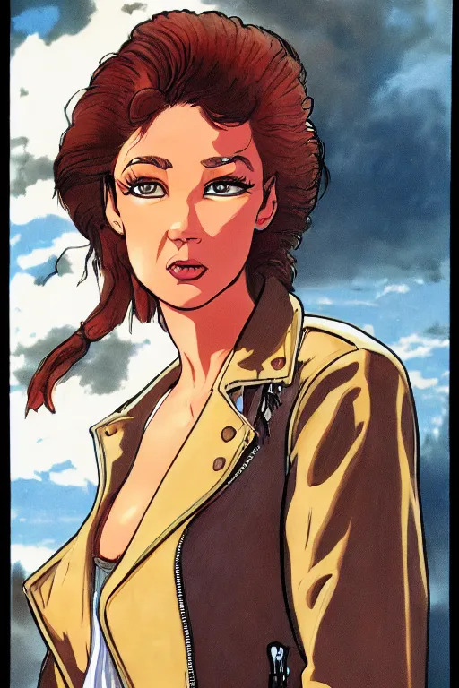 Image similar to portrait of an attractive young female protagonist, center focus, wearing leather jacket, in city street, detailed face, artwork by ralph bakshi