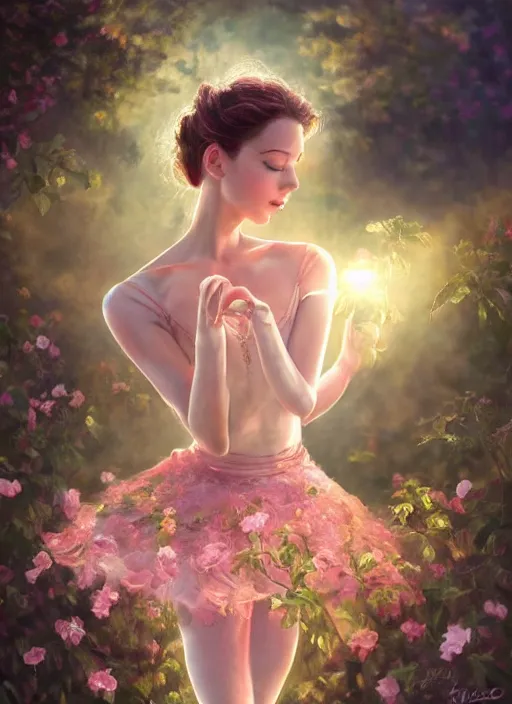 Image similar to stunningly beautiful face, prima ballerina in rose garden, symmetrical face, tutu, golden hour, smooth, focus, highly detailed, hyper realistic, dramatic lighting, elegant, intricate, concept art, art by wlop, mars ravelo, greg rutowski, artstation