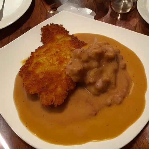 Image similar to schnitzel on orange gravy, mashed potatoes, Michelin star, award winning