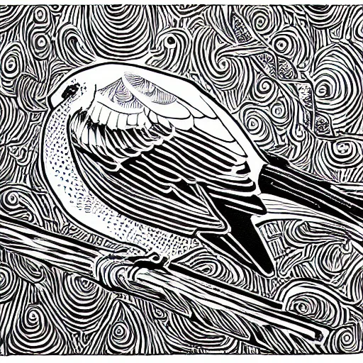 Prompt: magpie, detailed intricate block print, 4k, black ink on white paper