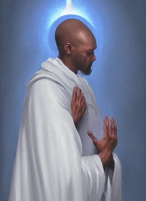 Image similar to oil painting portrait of a crying sad weeping sobbing tonsured dominican monk in a white habit, kneeling in a blue cold moonlit empty small chapel at night, hazy, digital art, chiaroscuro, artstation, cinematic, moonlight, digital art painting by greg rutkowski, hazy atmosphere, candles, cinematic blue lighting