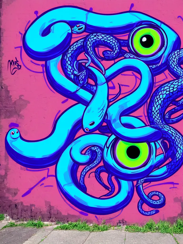 Prompt: graffiti, snake with large eyes, vibrant blue and purple colors, depth, anamorphic illustration, highly detailed, simple, no jagged lines, smooth, artstation, artwork by obey and miss van