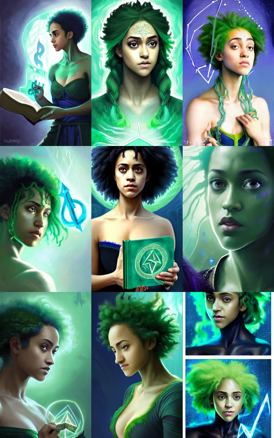 Prompt: character concept portrait of nathalie emmanuel as green-haired wizard enchanting a rune of power, a floating blue spell book in the center, intricate, elegant, digital painting, concept art, smooth, sharp focus, illustration, from Metal Gear, by Ruan Jia and Mandy Jurgens and William-Adolphe Bouguereau, Artgerm