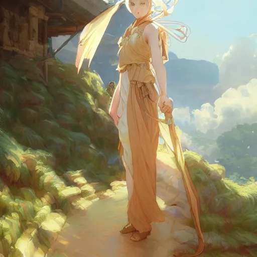 Image similar to a digital art of humanoid cute caracal in toga, ancient greek city, sunny day, by krenz cushart and mucha and akihito yoshida and greg rutkowski and makoto shinkai, long shot, back lighting, detailed eyes, 4 k resolution, trending on art station