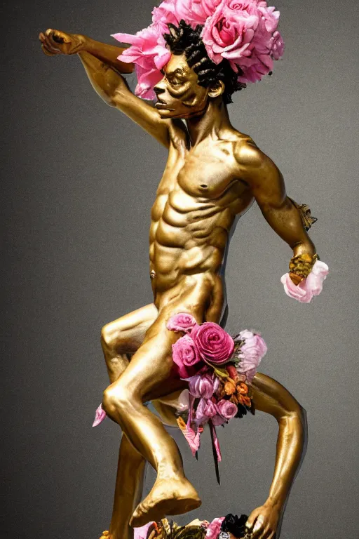 Prompt: Jean-Michel Basquiat as a full-body bronze baroque statue of Icarus in the posing like a bird for flight, crown of peach roses, flowing pink-colored silk, fabric, flowers. baroque elements, human skull. full-length view. baroque element. intricate artwork by caravaggio. many many birds birds on background. Trending on artstation, octane render, cinematic lighting from the right, hyper realism, octane render, 8k, depth of field, 3D