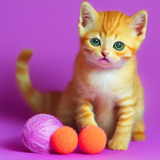 Prompt: orange tabby kitten playing with a ball of yarn, photorealistic, pink background