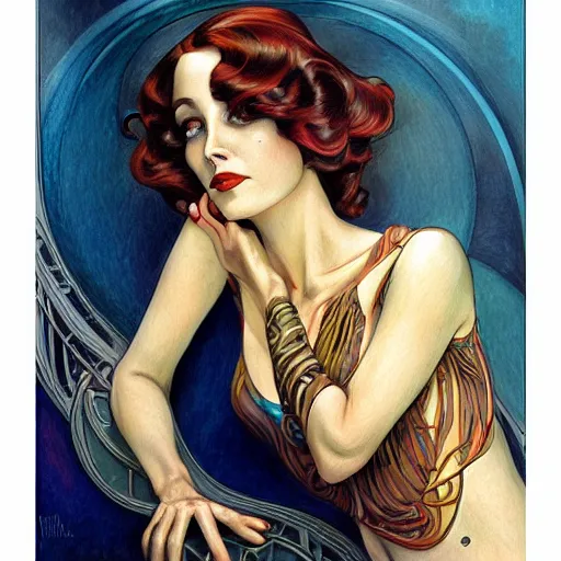 Image similar to an art nouveau streamline moderne portrait in the style of charles dulac and donato giancola and anna dittmann.