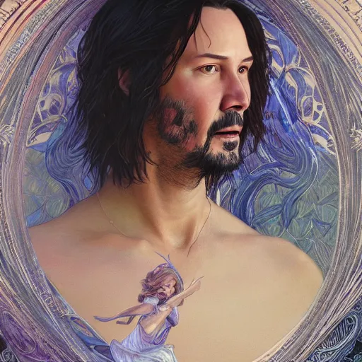 Image similar to portrait of keanu reeves, fantasy, intricate, elegant, highly detailed, digital painting, artstation, concept art, smooth, sharp focus, illustration, art by artgerm and greg rutkowski and alphonse mucha