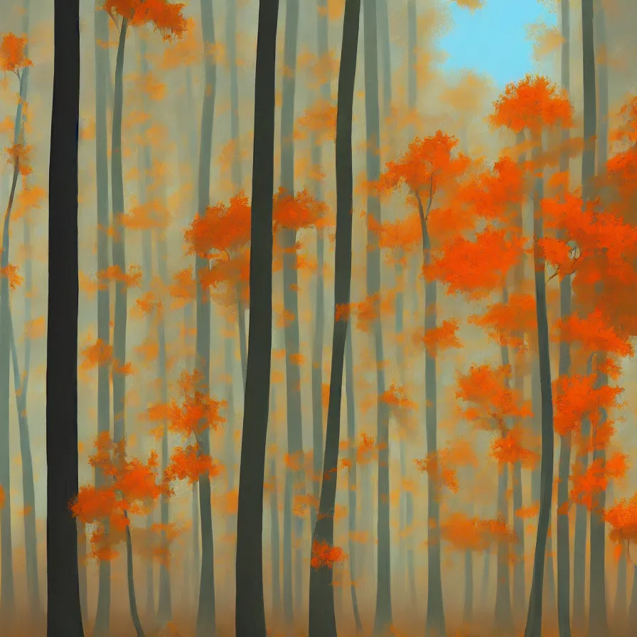 Prompt: Goro Fujita ilustration a forest in autumn perfectly illuminated with near and distant trees, tall and straight trees, separated from each other, painting by Goro Fujita, sharp focus, highly detailed, ArtStation