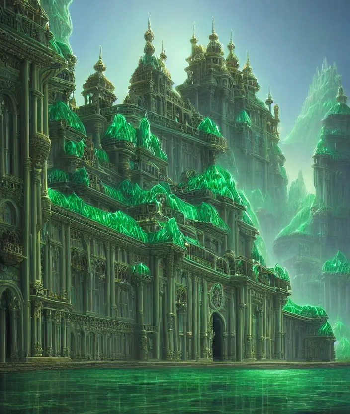 Prompt: a detailed digital painting of a palace made of gleaming emeralds, by moebius and tyler edlin and lee madgwick, trending on artstation, digital art, 4 k resolution, detailed, beautiful render, octane render, high quality, sharp focus, hq artwork, coherent, insane detail, concept art