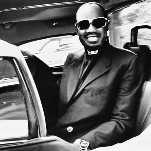 Prompt: a photo of Stevie Wonder driving a taxi