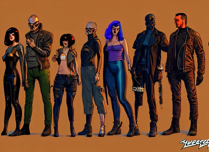 Image similar to cyberpunk heist crew. portrait by stonehouse and mœbius and will eisner and gil elvgren and pixar. character design. realistic proportions. cyberpunk 2 0 7 7 character art, blade runner 2 0 4 9 concept art. cel shading. attractive face. thick lines. the team. diverse characters. shadowrun. artstationhq.