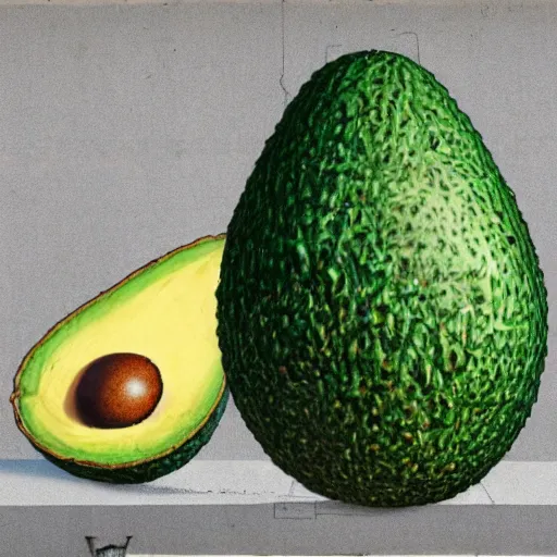 Image similar to a page from codex seraphinianus of blueprint of merging of emma watson with avocado