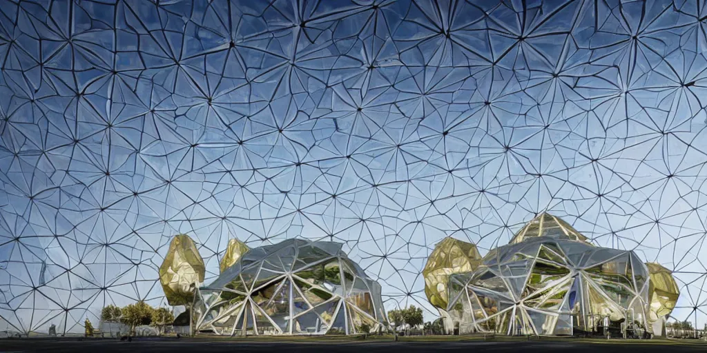 Prompt: futuristic translucent mosque exterior, hive power, shadows, complex, detailed, reflective, pearlescent, white panels, glass, geodesic, architecture by Buckminster Fuller and photo by Nick Hufton and Allan Crow , inspired by Mining by Risa lin on art station