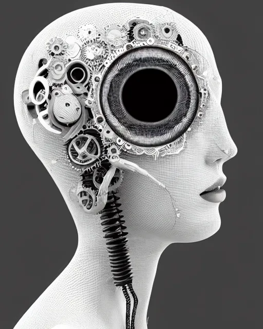Image similar to black and white dreamy foggy profile face portrait, one steampunk eye biomechanical beautiful young female cyclope - cyborg - robot bust, body ribs meshes,, volumetric light, hibiscus flowers, by hg giger, rim light, by dora maar and cecile beaton, big gothic fashion pearl embroidered collar, 8 k