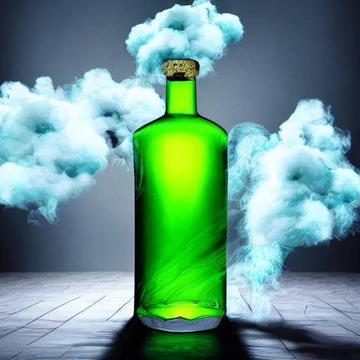 Image similar to https://s.mj.run/RjUUimhi8wU hyper-realistic photo of a green absinthe bottle surrounded by blue smoke swirling around, unreal engine, cinematic, hyper-realistic, DOF