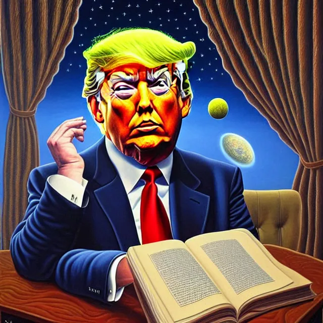 Prompt: an oil on canvas portrait of trump in the whitehouse, surrealism, surrealist, cosmic horror, rob gonsalves, high detail