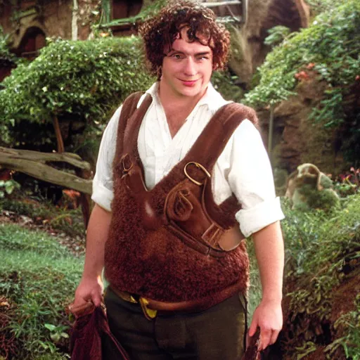 Image similar to clean shaven pudgy British lad with short curly dark brown hair as a hobbit wearing a white men's crossbody sling chest bag and blue vest standing next to a giant rabbit, blue vest! white crossbody chestbag! high resolution film still, movie by Peter Jackson