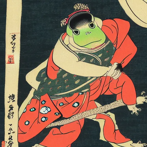 Prompt: Ukiyo-e of a samurai frog out walking his pet cat