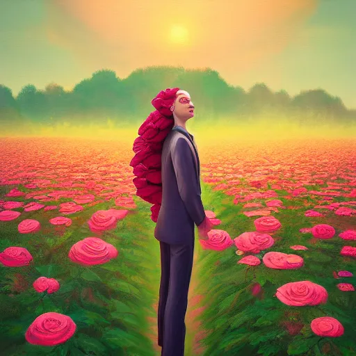 Image similar to giant rose flower head, frontal, girl in a suit, surreal photography, sunrise, dramatic light, impressionist painting, digital painting, artstation, simon stalenhag