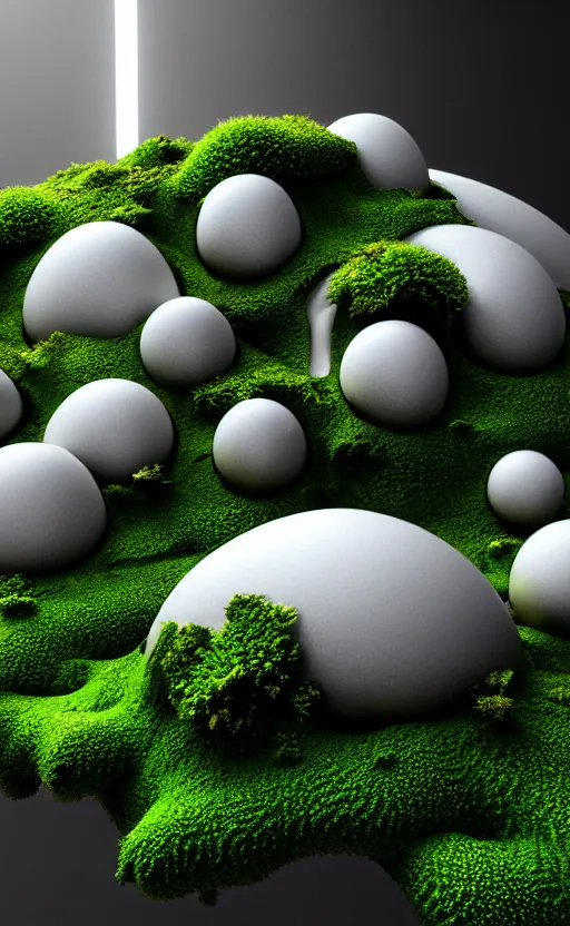 Image similar to highly detailed ultra sharp 3 d render cinematic composition of a smooth ceramic porcelain magnolia stone nebula biomorphic fluid fractal sci - fi surreal architecture landscape, metallic, white marble, foliage moss, vincent callebaut composition, mamou - mani, archviz, beautiful lighting, 8 k, unreal engine, hdr,