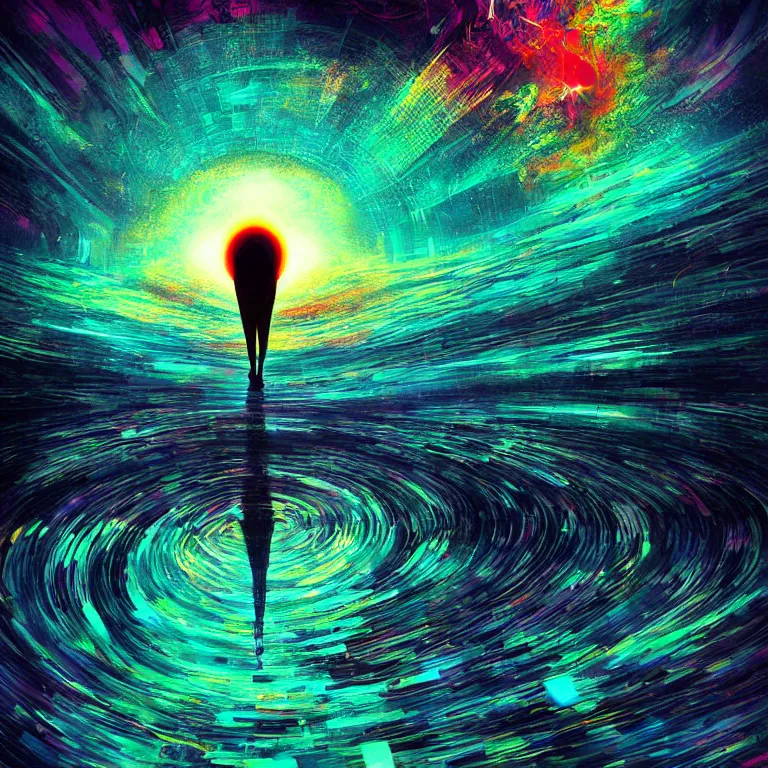 Image similar to person in the distance psychedelic disco that cant escape vortex black hole award winning digital art by anato finnstark