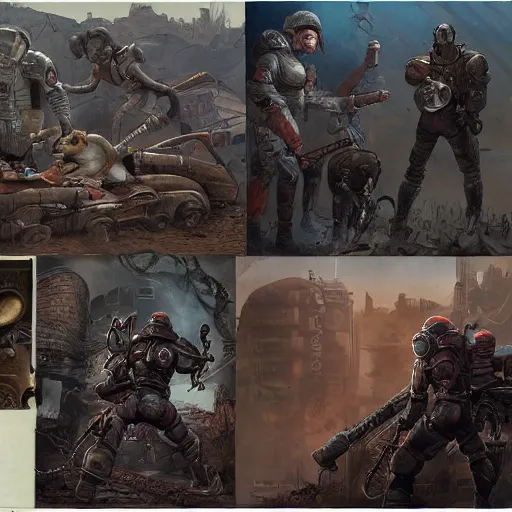 Prompt: fallout 5, concept art drawings of the opening scene, storyboard, concept art, comic style, female protagonist and armoured feline companion, atmospheric lighting, painted, intricate, volumetric lighting, beautiful, gritty, rich deep colours masterpiece, sharp focus, ultra detailed by jack kirby, ignacio fernandez rios, thierry doizon