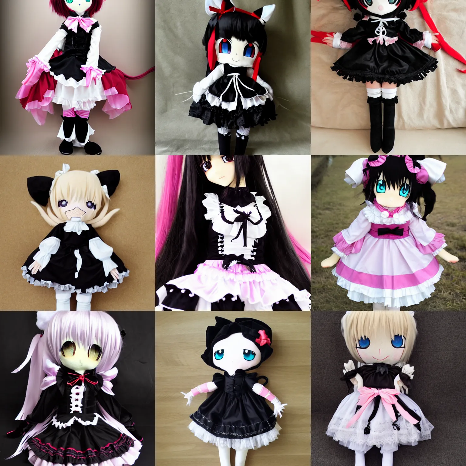 Prompt: plush anime girl wearing gothic lolita dress, plushie