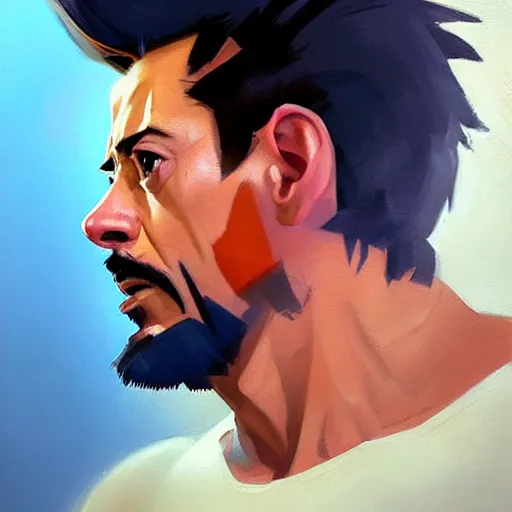 Image similar to greg manchess portrait painting of tony stark as overwatch character, totally whack, medium shot, asymmetrical, profile picture, organic painting, sunny day, matte painting, bold shapes, hard edges, street art, trending on artstation, by huang guangjian and gil elvgren and sachin teng