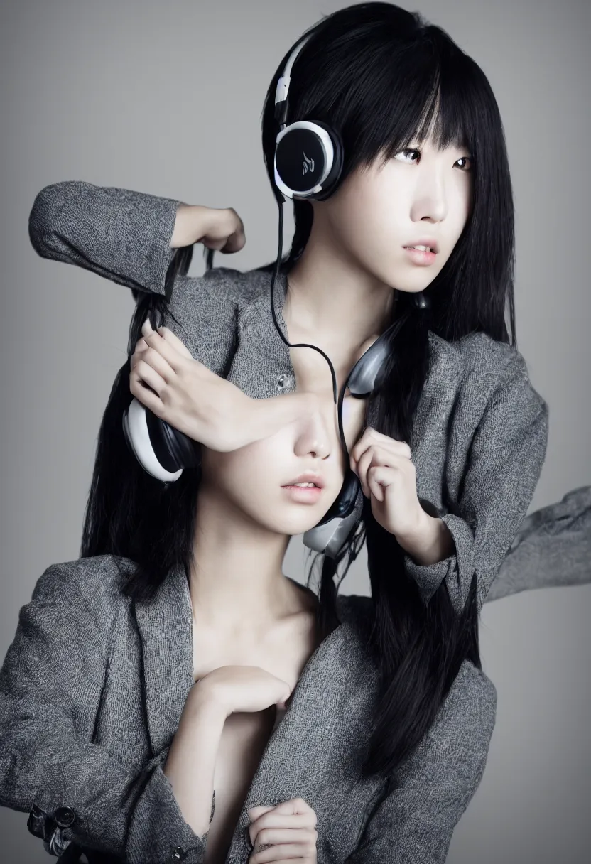 Image similar to single japanese young woman waist up portrait, headphones listening to music, elegant as fashion editorial shot, highly detailed, smooth, sharp focus, dramatic lighting, photo by vogue