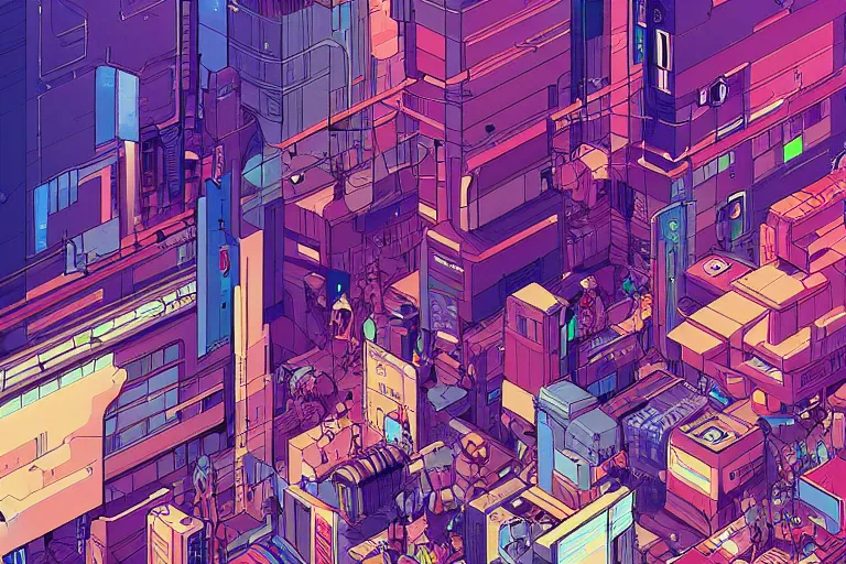 Image similar to a crowded cyberpunk intersection by Josan Gonzalez, golden ratio, heavy linework, clean strokes, sharp edges, flat colors, cell shaded