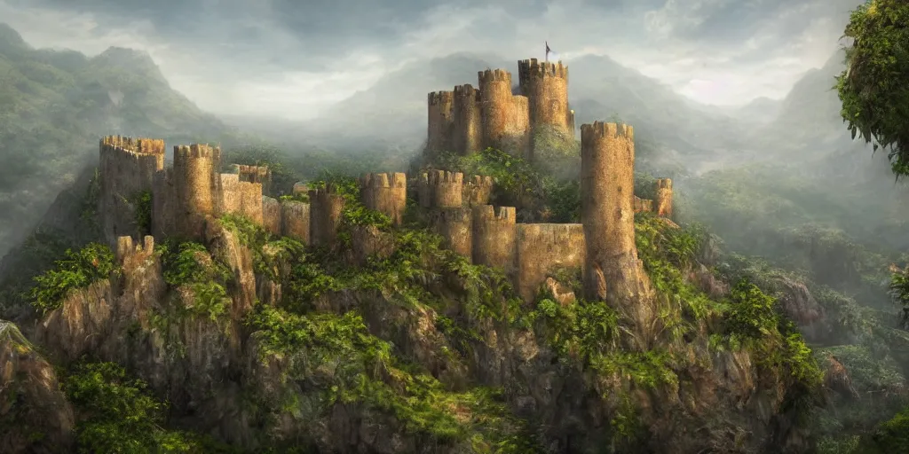 Image similar to a hyper realistic professional photographic view picture of a medieval fortress on the side of a mountain on the edge of a jungle photographic filter unreal engine 5 realistic hyperdetailed 8k ultradetail cinematic concept art volumetric lighting, fantasy artwork, very beautiful scenery, very realistic painting effect, hd, hdr, cinematic 4k wallpaper, 8k, ultra detailed, high resolution, artstation trending on artstation in the style of Albert Dros glowing rich colors powerful imagery nasa footage drone footage drone photography