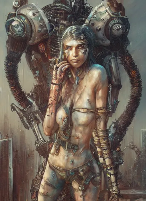 Image similar to postapocalyptic cyborg tribal warrior girl ultra realistic, blade runner, peter mohrbacher, wayne barlowe, boris vallejo, aaron horkey, gaston bussiere