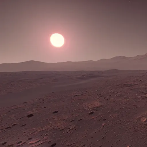 Image similar to « we are on the mar's surface, human colony, sunrise on mars, far view, photorealistic, unreal engine 5, sharp focus »