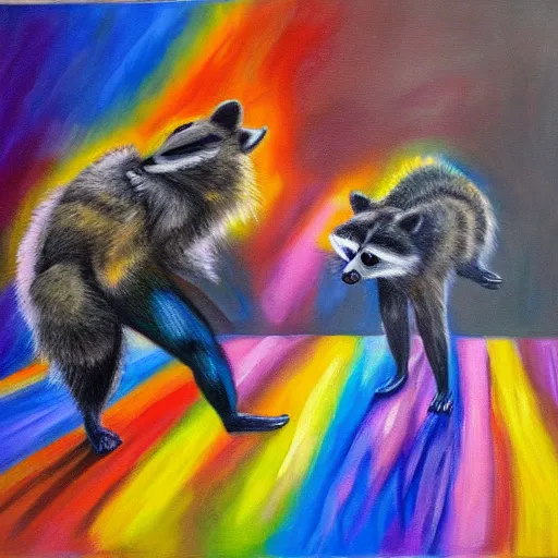 Prompt: oil painting of two raccoons dancing tango in an empty hall, colorful