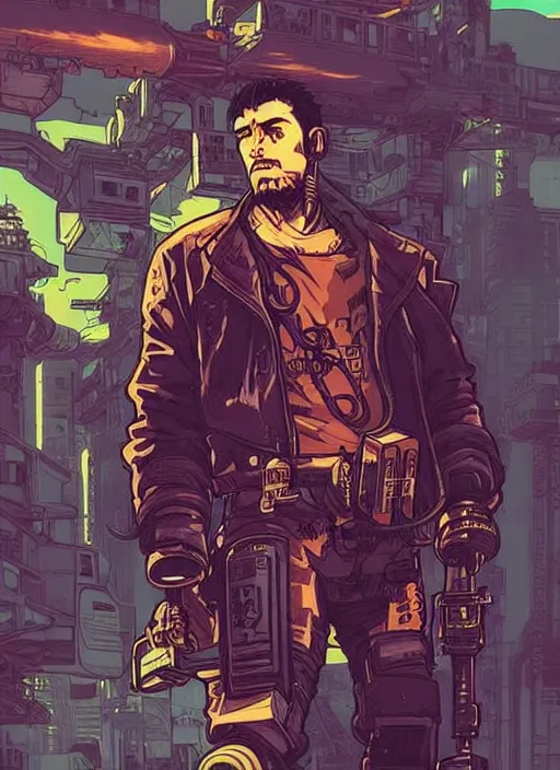 Image similar to hector. cyberpunk mercenary with scenic background. portrait illustration, pop art, splash painting, art by ashley wood, alphonse mucha, laurie greasley and josan gonzales. cinematic. beautiful lighting.