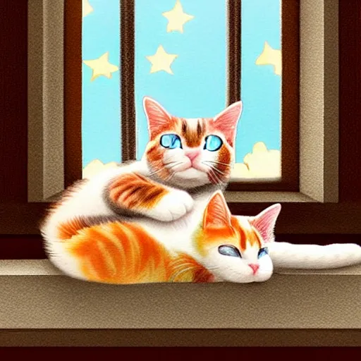 Image similar to two cute multi - colored calico cats with beautiful eyes sleeping inside a cozy home in the evening, stars shining in the night sky through the window,, artstation, cgsociety, storybook art