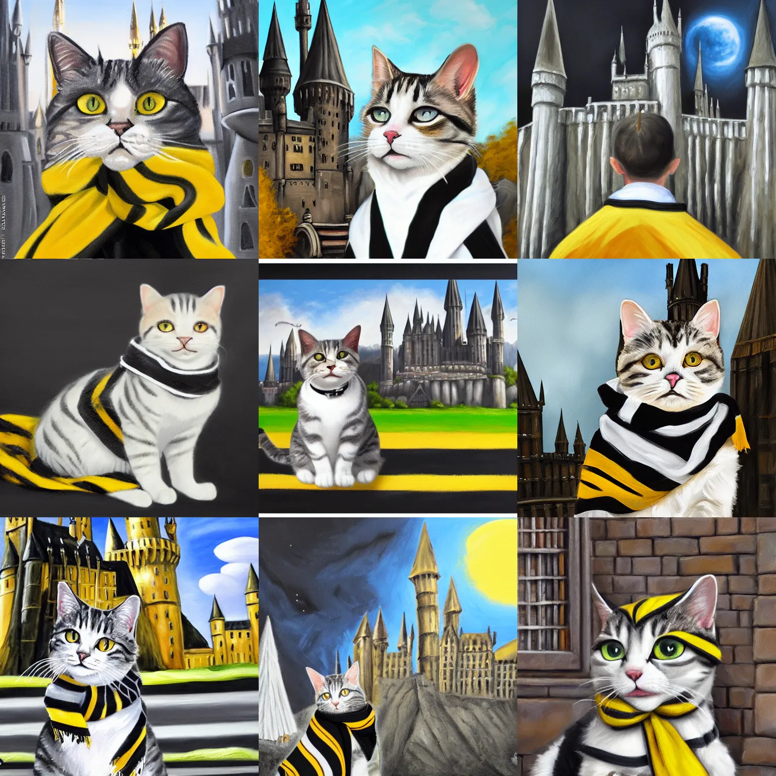 Prompt: oil painting extreme wide shot of a white and grey tabby cat wearing a black yellow striped hufflepuff scarf, in front of hogwarts castle, digital painting, high detail, award-winning, playful, deep focus, realistic