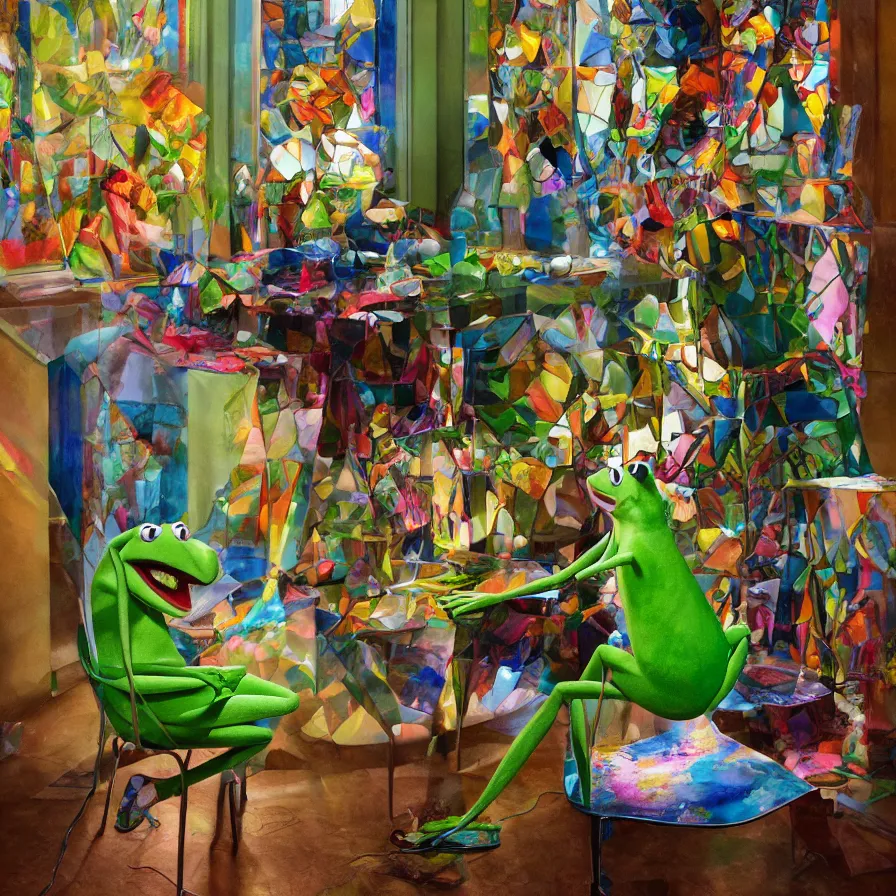 Prompt: beautiful studio photograph of a surrealist assemblage of kermit the frog eating a colorful platonic solid in a chair made out of stained glass in the presidential suite, made of watercolor - painted plaster on a pedestal by ron mueck and matthew barney and rene magritte, hysterical realism intense cinematic lighting shocking detail 8 k