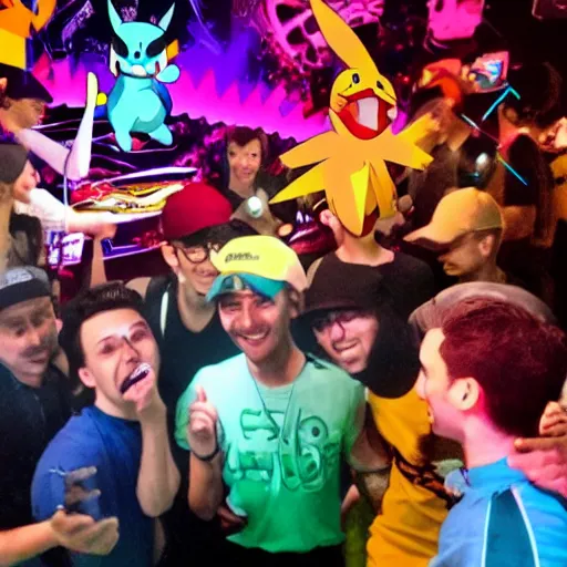 Image similar to pokemon party in a techno nightclub in berlin