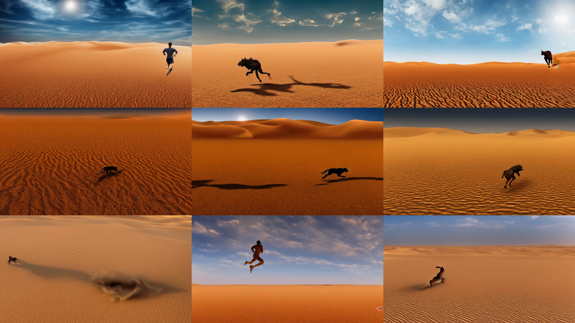Prompt: beast running across the open desert, empty desert, sand, karst landscape, wide shot, masterpiece composition, 8 k resolution, ultra fine illustration