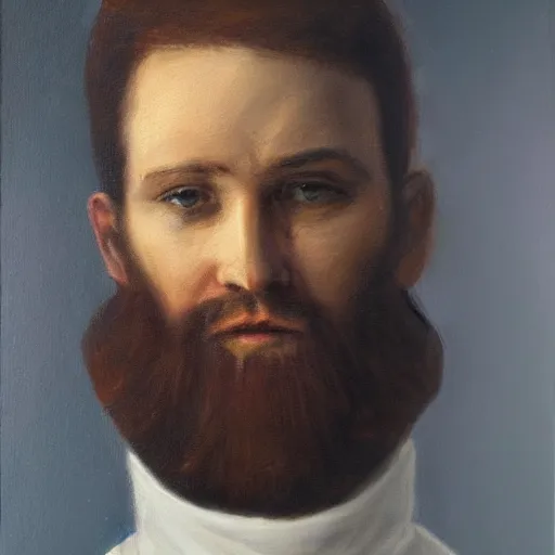 Prompt: Impressive portrait of a Catholic priest with scarlet hair, a beard, and brilliant silver eyes. Oil on canvas.