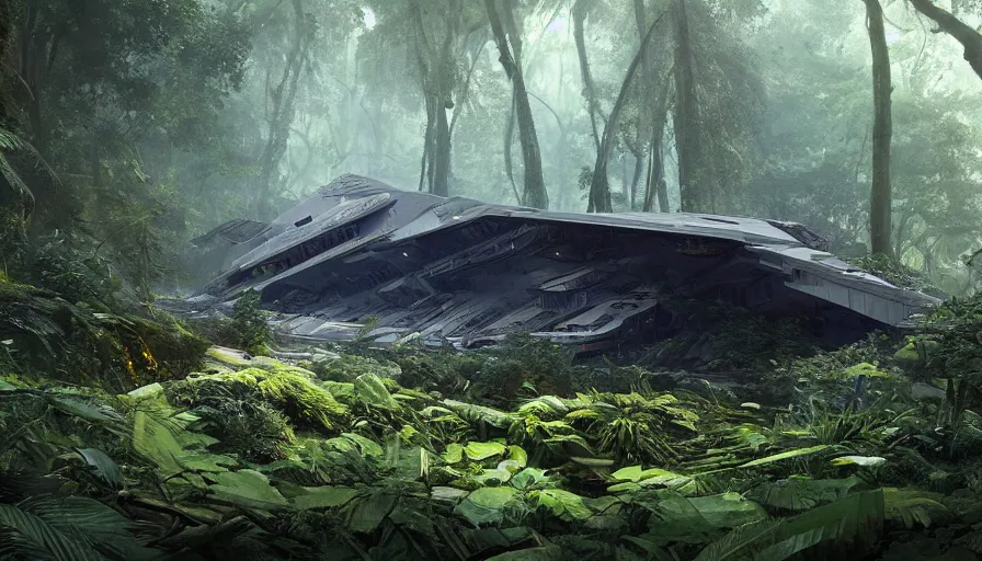 Prompt: a beautiful painting of a crashed star destroyer ion drive in a lush jungle, ray traced lighting by kalin popov and greg rutkowski