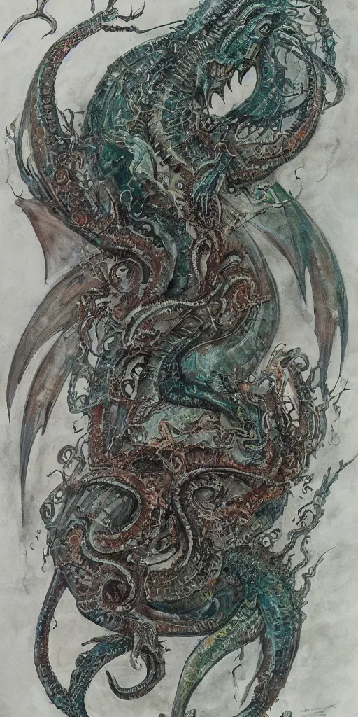 Image similar to a lovecraftian expressive water colour of a aetherpunk dragon by h. r giger in the style of oriental art, 8 k