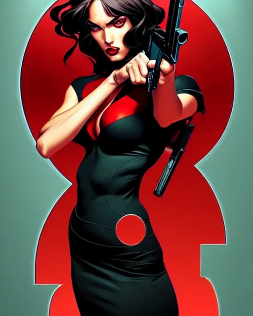 Image similar to artgerm, joshua middleton comic cover art, full body pretty megan fox holding a shotgun, red dress, symmetrical eyes, symmetrical face, long curly black hair, dark city background, cinematic lighting