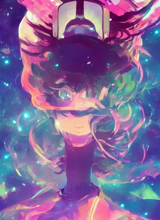 Image similar to portrait of a very cute girl, very psychedelic space background illustration concept art anime key visual, very trippy and abstract, trending pixiv fanbox by wlop and greg rutkowski and makoto shinkai and studio ghibli and kyoto animation